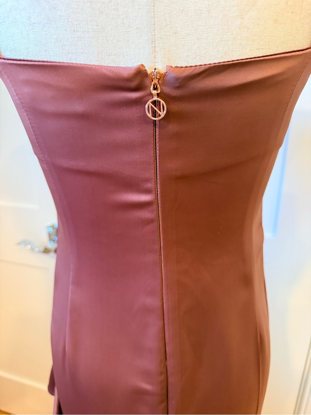 Nookie Sasha Satin High-Slit Ruffle Slip Dress in Mocha - Picture 9 of 15